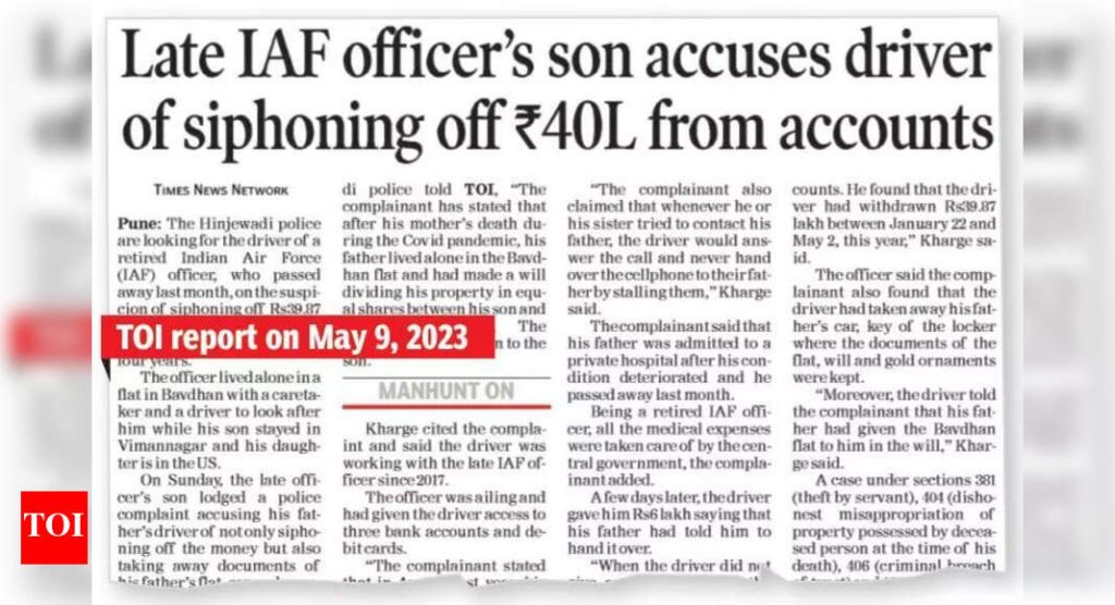 केअरटेकर, सासरे 40 लाख रुपयांना अटक केली, उशीरा आयएएफ अधिका of ्यांची इच्छाशक्ती